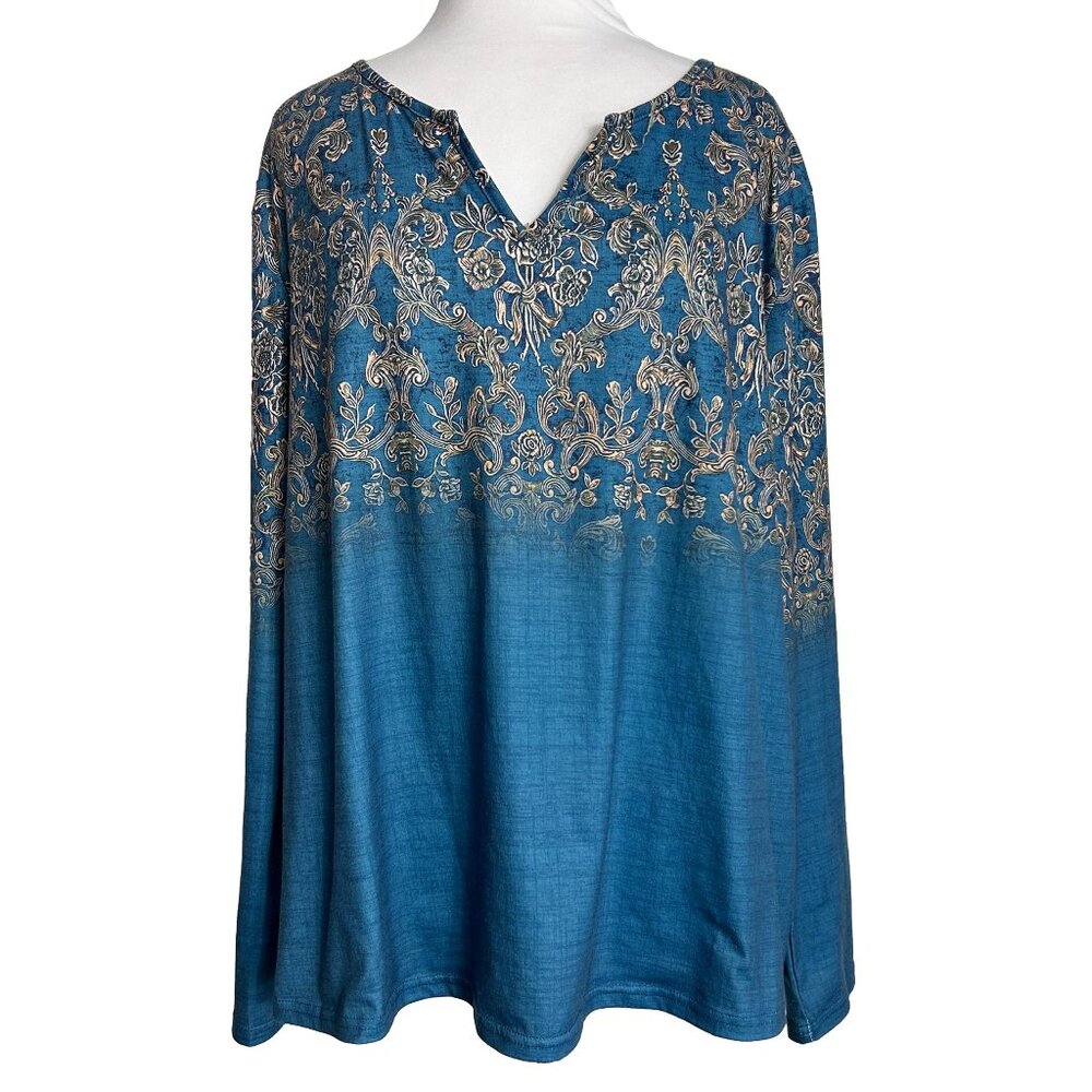 Noracora Womens Size Large Long Sleeve Shirt Top V Neck Tunic Pullover Floral